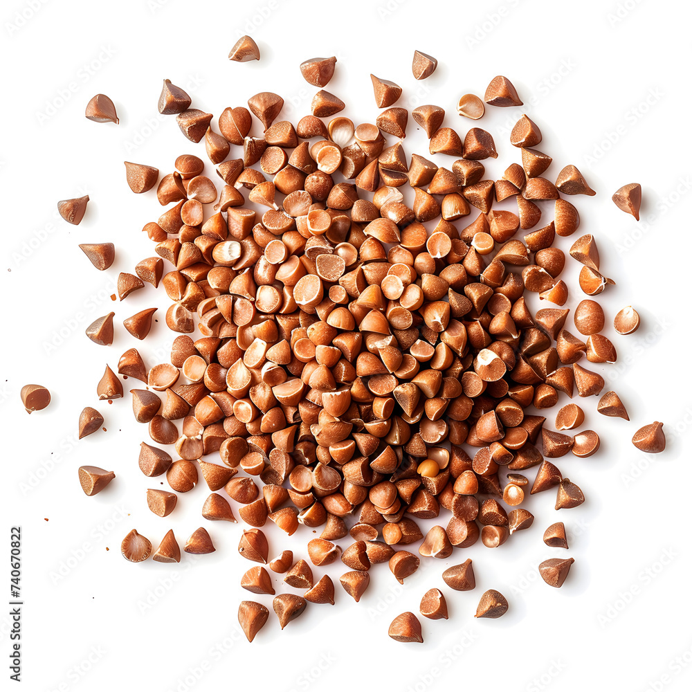 Closeup of brown buckwheat grain top view isolated on white background Closeup of brown buckwheat grain top view isolated on white background