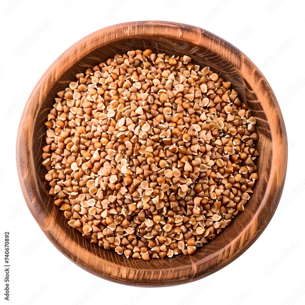 Closeup of brown buckwheat grain in bowl top view isolated on white background Closeup of brown buckwheat grain in bowl top view isolated on white background