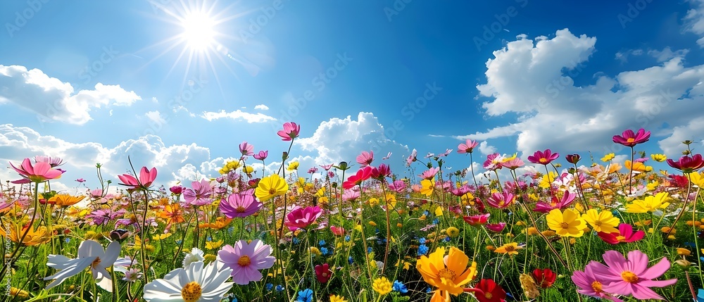 The sun shines through a colorful field of flowers The sun shines through a colorful field of flowers
