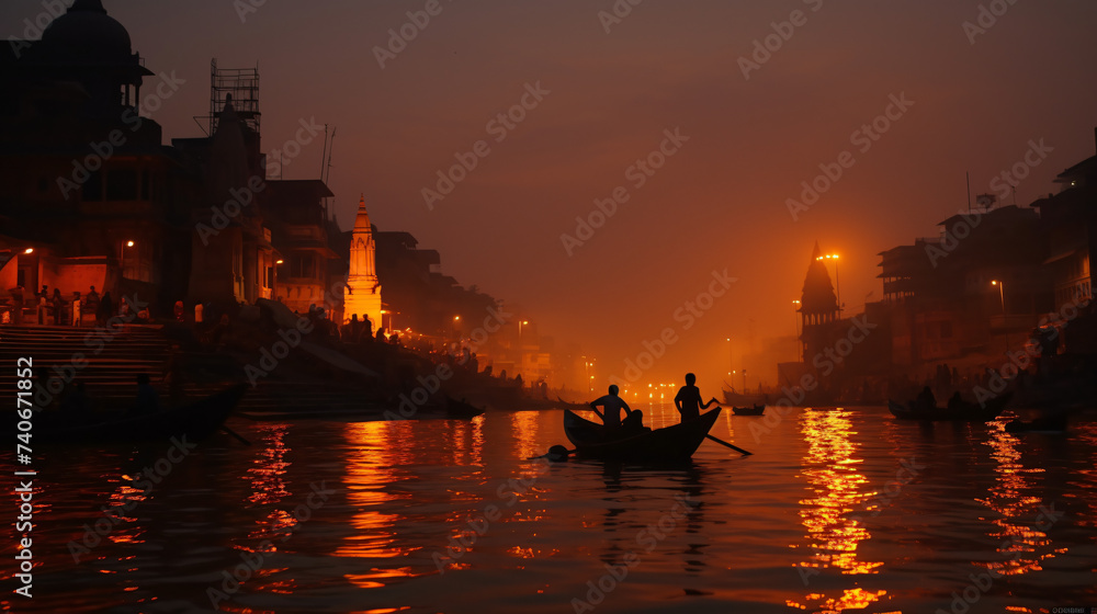 Ghat in the evening: silhouette of temple.
