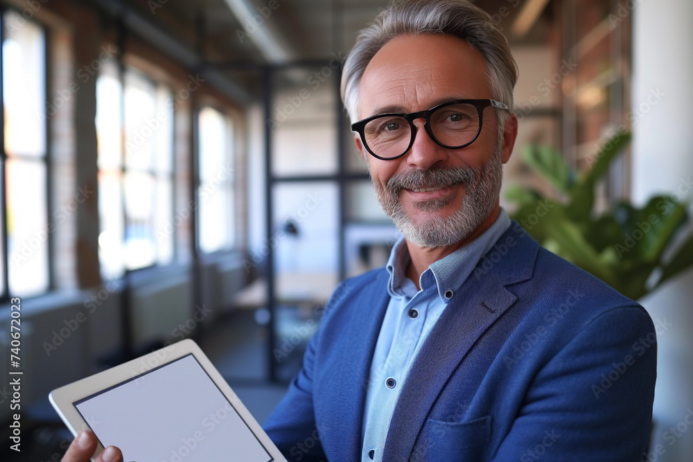 business man ceo, happy, aged, gray-haired, in jacket standing in office using digital tablet business man ceo, happy, aged, gray-haired, in jacket standing in office using digital tablet