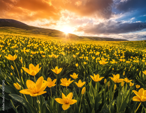 Field of yellow flowers during sunrise. Dawn scenery. Tranquility and awe inducing atmosphere. Concepts of nature, environment, inspiration and wellness. photo