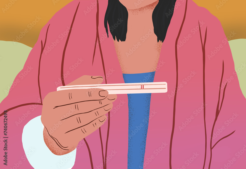custom made wallpaper toronto digitalWoman with ositive pregnancy test reveal in a lifestyle illustration