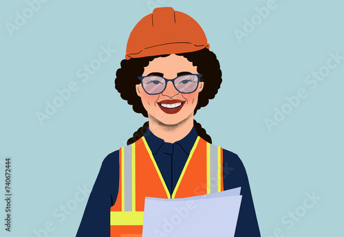 Smiling female engineer with plans on construction site photo