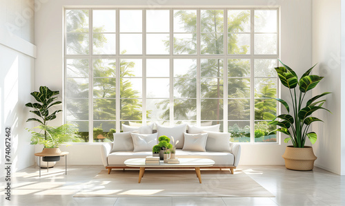 jasne nowoczesne wnętrze salonu w minimalistycznym stylu, duże okna i delikatne światło, rośliny w doniczkach © hunter76