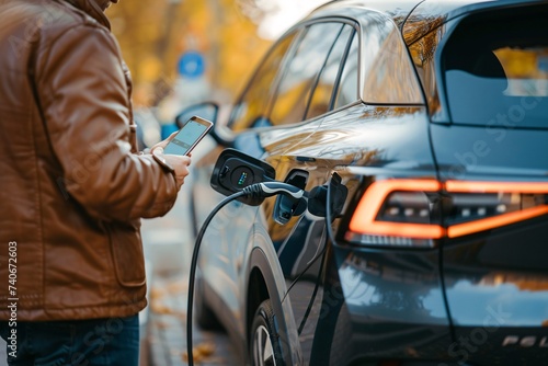 Businessman holding smartphone while charging car at electric vehicle charging station, closeup.