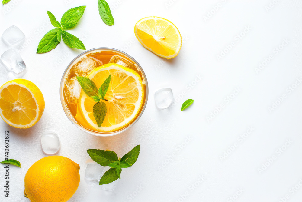 Glass of lemon ice tea on white background, top view. Glass of lemon ice tea on white background, top view.