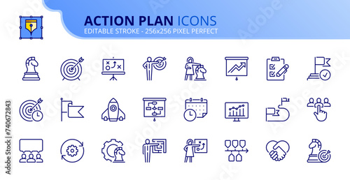 Simple set of outline icons about action plan