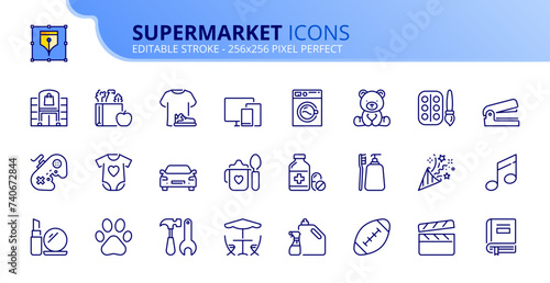Simple set of outline icons about supermarket