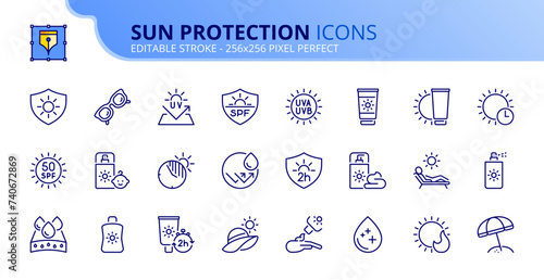 Simple set of outline icons about sun protection
