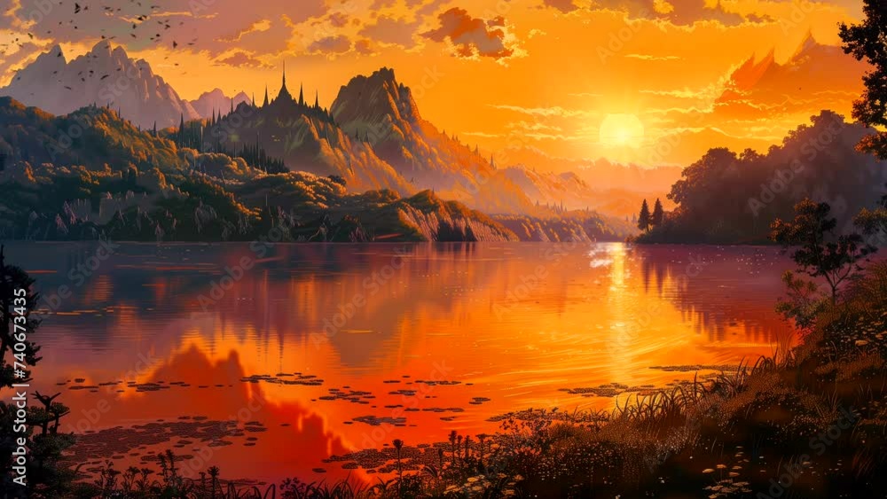 Mountain Lake Sunset Silhouette. Breathtaking Nature Scenery. seamless looping 4k time-lapse animation video background Mountain Lake Sunset Silhouette. Breathtaking Nature Scenery. seamless looping 4k time-lapse animation video background