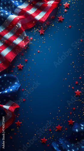 Patriotic Memorial Day Banner with American Flag, Stars, and Stripes, Honoring Military Service on a Dark Blue Gradient Background