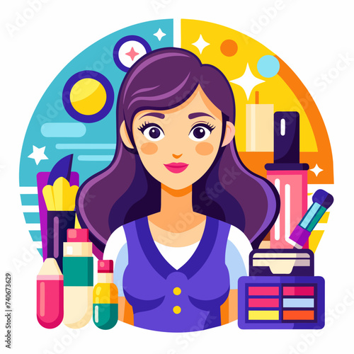 Girl Makeup Artist with Makeup Tools and Elements