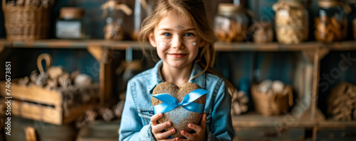 Child showing support for National Foster Care Month, holding a glittery heart with a blue ribbon, symbolizing care and advocacy for foster children photo