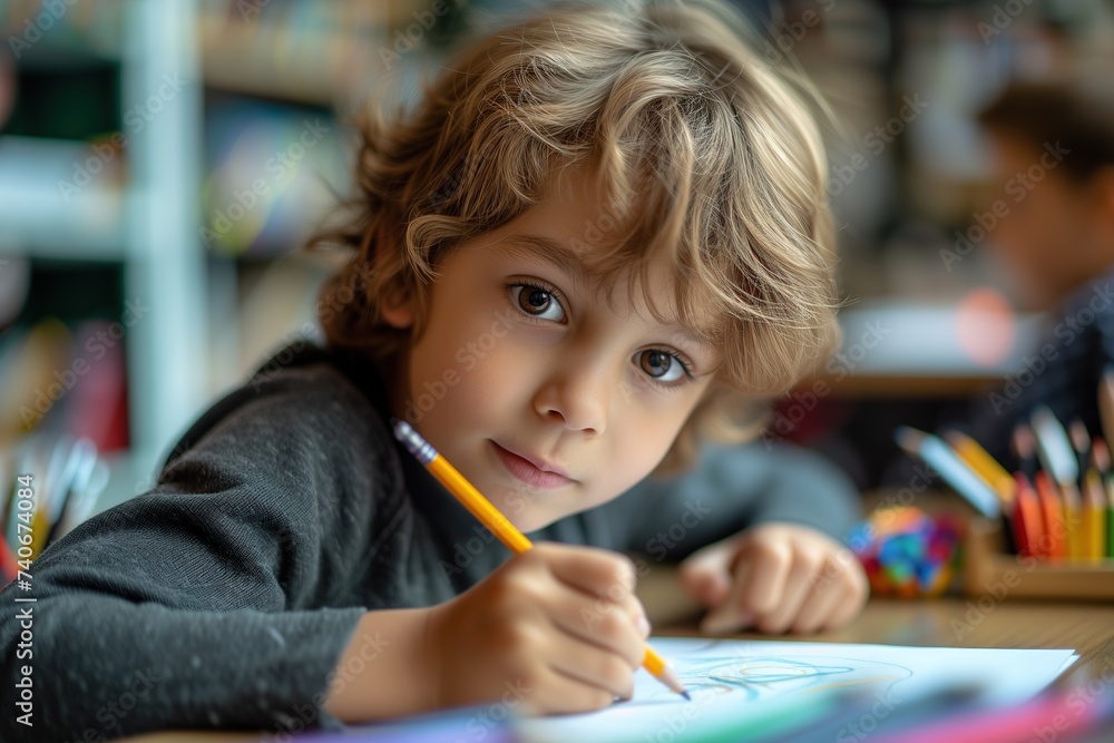 Preschool education, boy drawing indoors Preschool education, boy drawing indoors