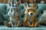 Two cartoon animals are sitting on the couch and looking at the camera. 3d illustration