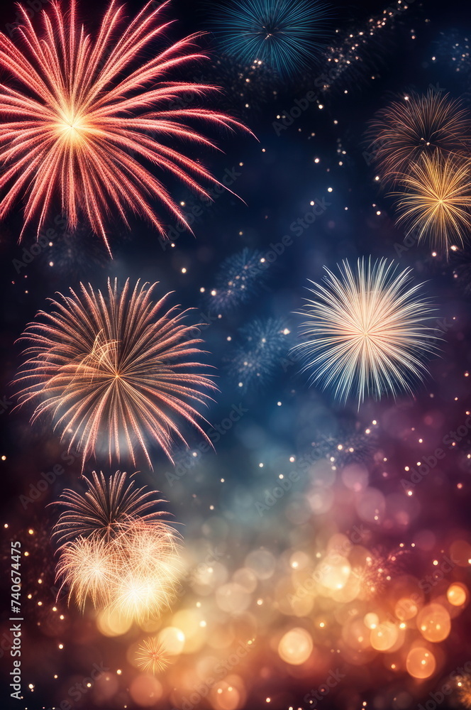 Festive Fireworks Bursting with Glittering Bokeh on Night Sky