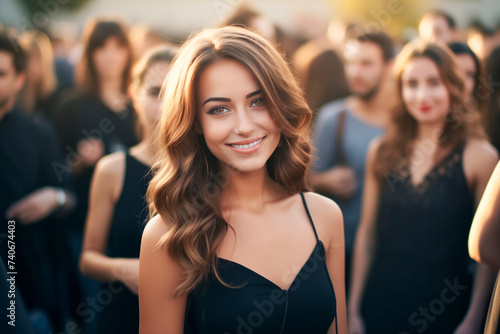 Smiling Woman in Black Dress Amidst a Crowd