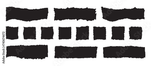 Rough paper edge set. Rectangle torn shape, border, piece sticker. Isolated grunge vector header illustration