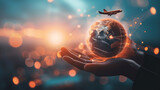 hand holding a globe with airplanes flying around it- concept for transportaition and aviation
