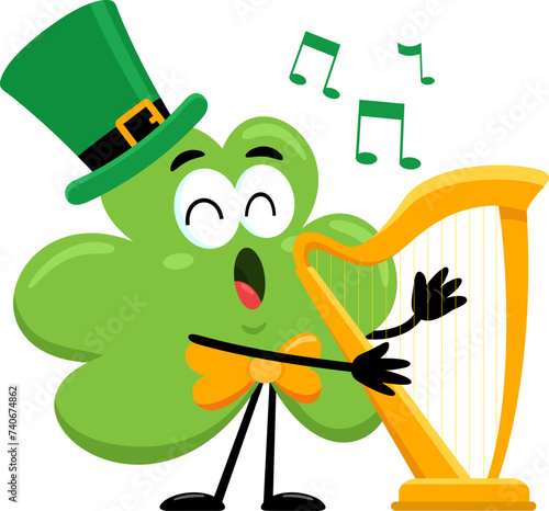 St. Patrick's Clover Leaf Cartoon Character Sing A Song With Harp. Vector Illustration Flat Design Isolated On Transparent Background