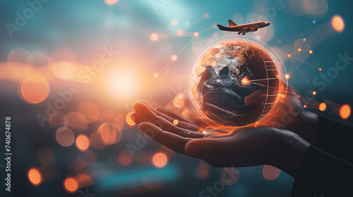 hand holding a globe with airplanes flying around it- concept for transportaition and aviation
 photo