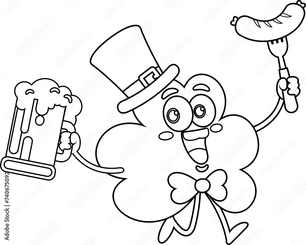 Outlined St. Patrick's Clover Leaf Cartoon Character Running With Mug Of Beer And Fork With Sausage. Vector Hand Drawn Illustration Isolated On Transparent Background Outlined St. Patrick's Clover Leaf Cartoon Character Running With Mug Of Beer And Fork With Sausage. Vector Hand Drawn Illustration Isolated On Transparent Background