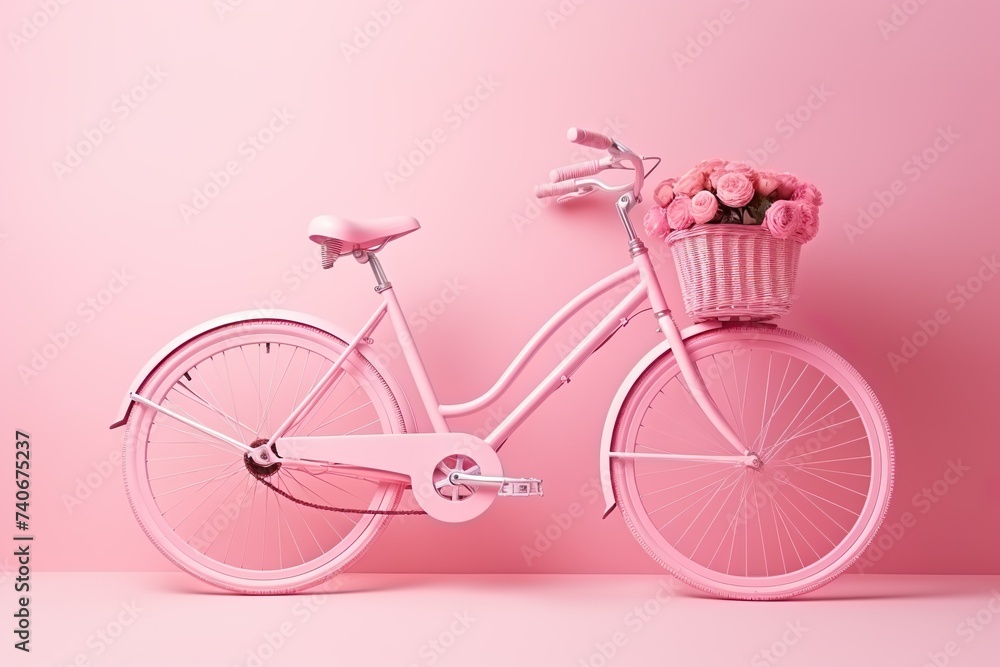 Pink cycle with pink wall and flowers pink color pink background pink world AI Generated 