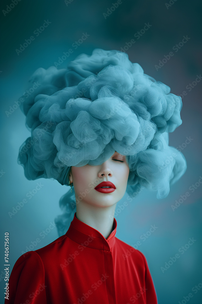 Woman with a blue puffy hair. A fashion-forward woman sporting a bold red lip and a unique blue hairpiece stands out in a striking portrait, showcasing her individuality and confident sense of style