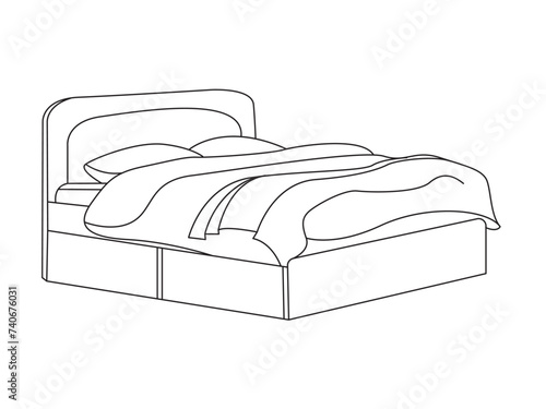 Bed doodle icon in vector. Hand drawn bed icon in vector. Doodle bed illustration, contemporary bedroom interior with Modern Upholstered Headboard, white bed featuring a cozy blanket