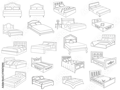Bed doodle icon in vector. Hand drawn bed icon in vector. Doodle bed illustration, contemporary bedroom interior with Modern Upholstered Headboard, white bed featuring a cozy blanket