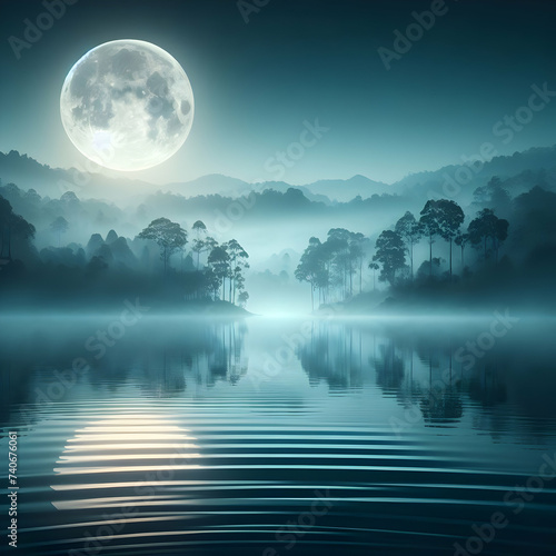 A landscape with a moon and a reflection on a lake, sky, moon, sea, water, Illustration, Ai generated 