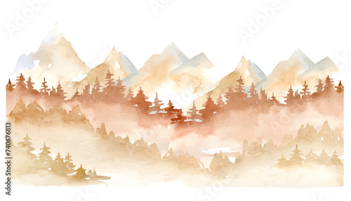 Watercolor vector misty landscape with rocks fog and pine trees. Mountain landscape. Foggy forest , mountains clipart for greeting cards, save the date, stationery design