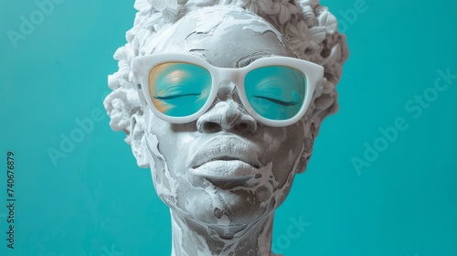 white marble statue of an african woman  small smile on sunglasses  neon lighting  cyan background