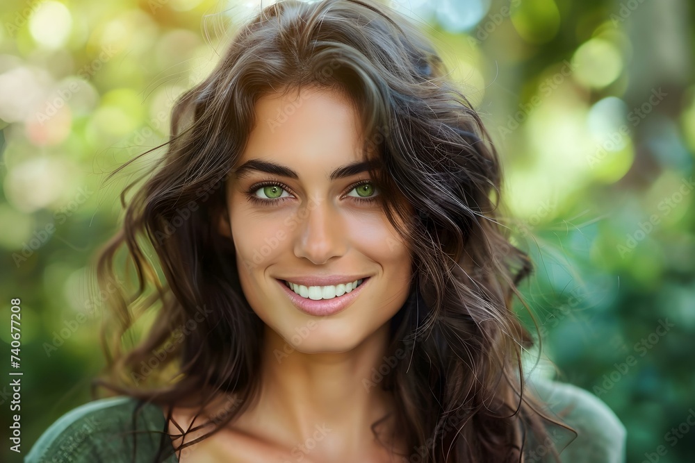 Gorgeous brunette woman with captivating green eyes smiling in outdoor setting. Concept Fashion, Portrait, Outdoor Photoshoot, Beauty, Smiling Gorgeous brunette woman with captivating green eyes smiling in outdoor setting. Concept Fashion, Portrait, Outdoor Photoshoot, Beauty, Smiling
