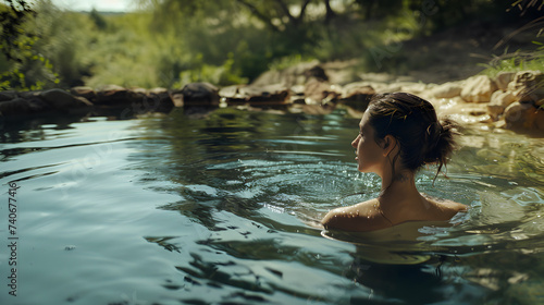 A young woman is swimming in a natural pool. The woman wearing a swimsuit, The pool surrounded by nature.