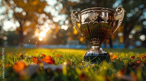 Trophy cup on grass with yellow bokeh in background.