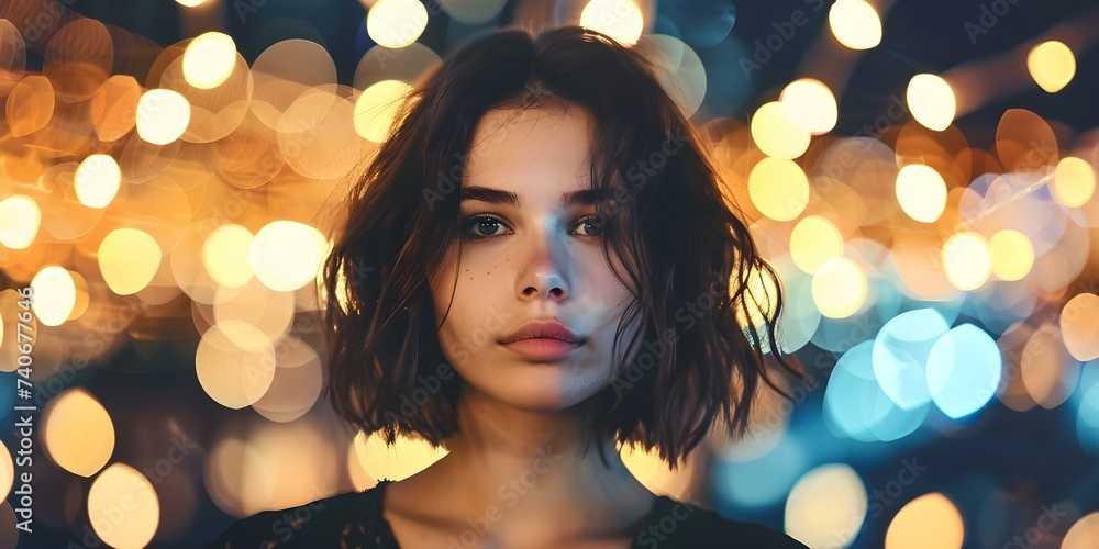 A young brunette woman posing in front of blurred lights background. Concept Portrait Photography, Studio Lighting, Indoor Photoshoot, Blurred Backgrounds, Brunette Model