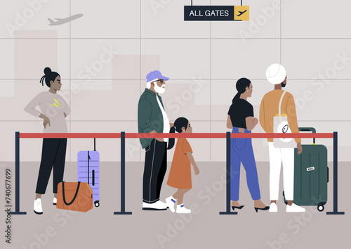 Jet-Setters Queuing for the Flight Call at the Terminal, Travelers with luggage await their turn to board by the gate signage