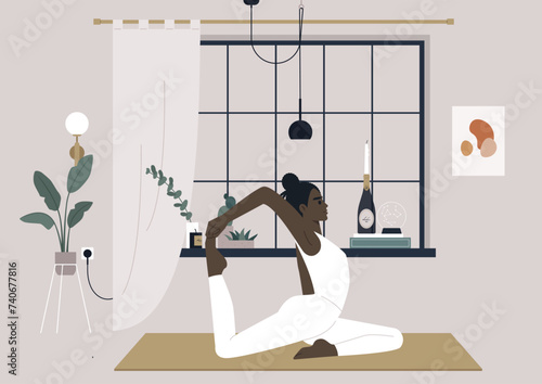Serene Morning Yoga Flow, A young character practices the King Pigeon pose in a tranquil, stylish interior at dawn
