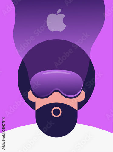 Apple Vision Pro mixed reality headset. Man uses virtual reality glasses to live in the metaverse. Flat vector illustration.