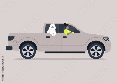 A fluffy white Samoyed leans out the open window of a modern pickup truck, relishing the fresh breeze while its human companion focuses on driving, The serene light indicates a bright, sun-filled day