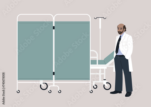 A hospital screen partition on wheels, a medical bed behind a room divider, a mature doctor wearing a uniform photo