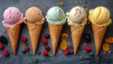 Different flavoured ice cream cones isolated on background with fruit. Ice cream cone top view. Gelato flat lay. Strawberry ice cream. Pistachio ice cream. Vanilla ice cream. Chocolate ice cream