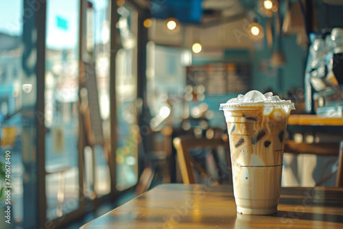 Iced coffee in coffee shop in a plastic cup. © Hunman
