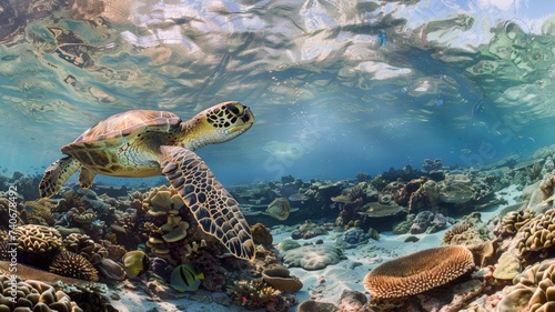 Underwater Turtle Swimming Over Coral Reef © DVS