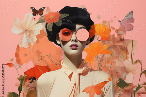Artistic portrait of woman with floral background and sunglasses. Generative AI image