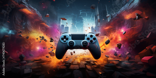 Video game controller in ruins with flames background photo