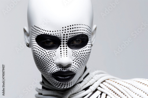 Futuristic robot with dotted face pattern and cables Generative AI image photo
