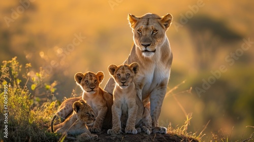  lioness and cub in national park in the sunset